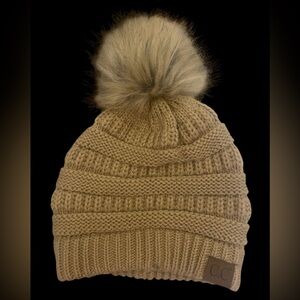 CC-Cozy Tan Knit Beanie with Faux Fur Pom